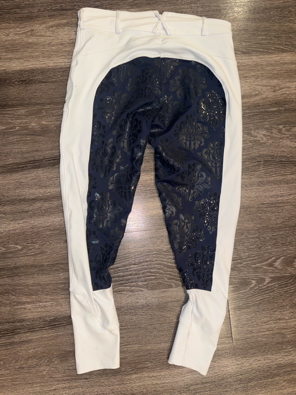 Altair White Show Riding Breeches with Navy full seat. Equestrian, dressage